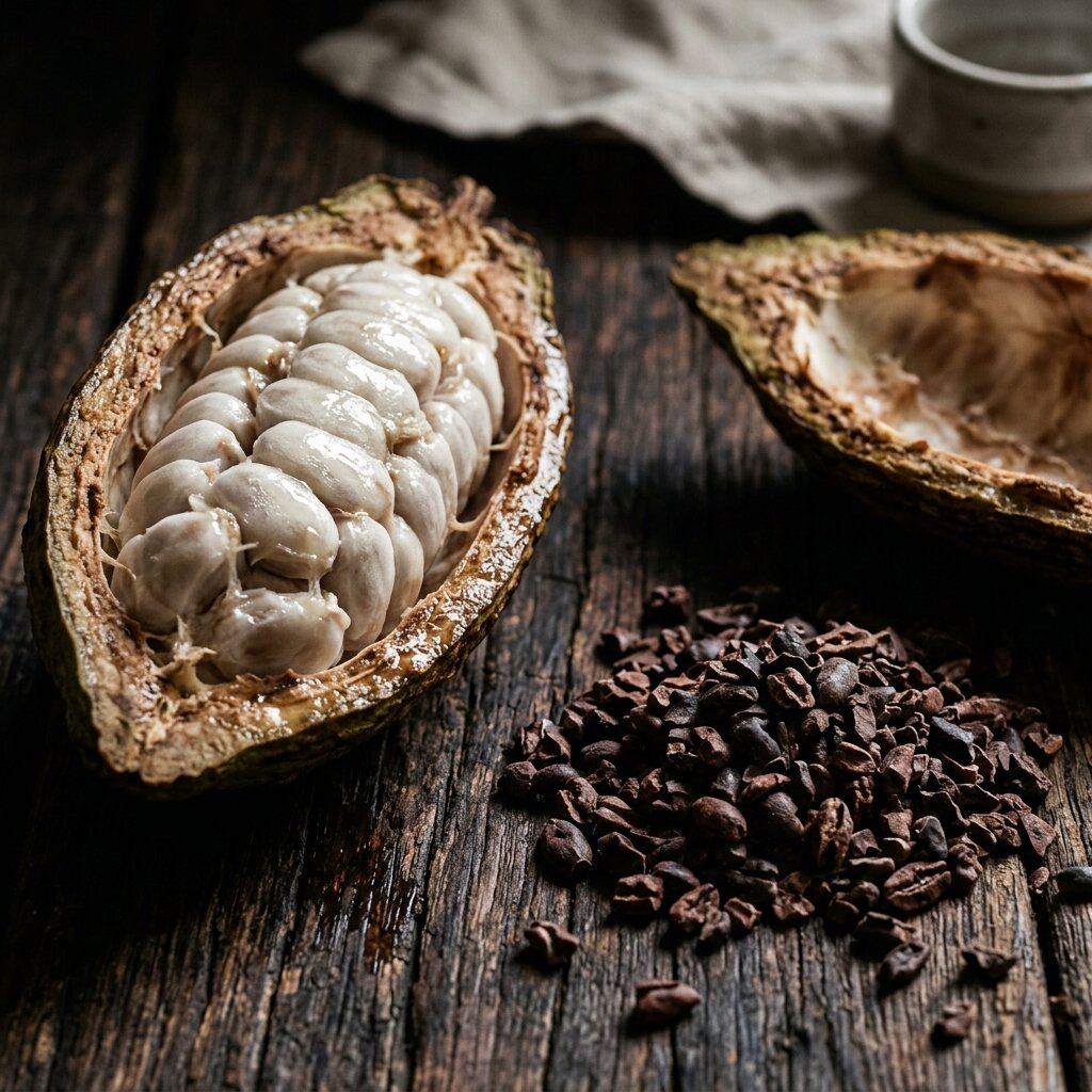 Fruto de cacau cabruca aberto com sementes e polpa fresca ao lado de nibs torrados ilustrando o chocolate Tree-to-Bar - Curadoria BeanBrazil