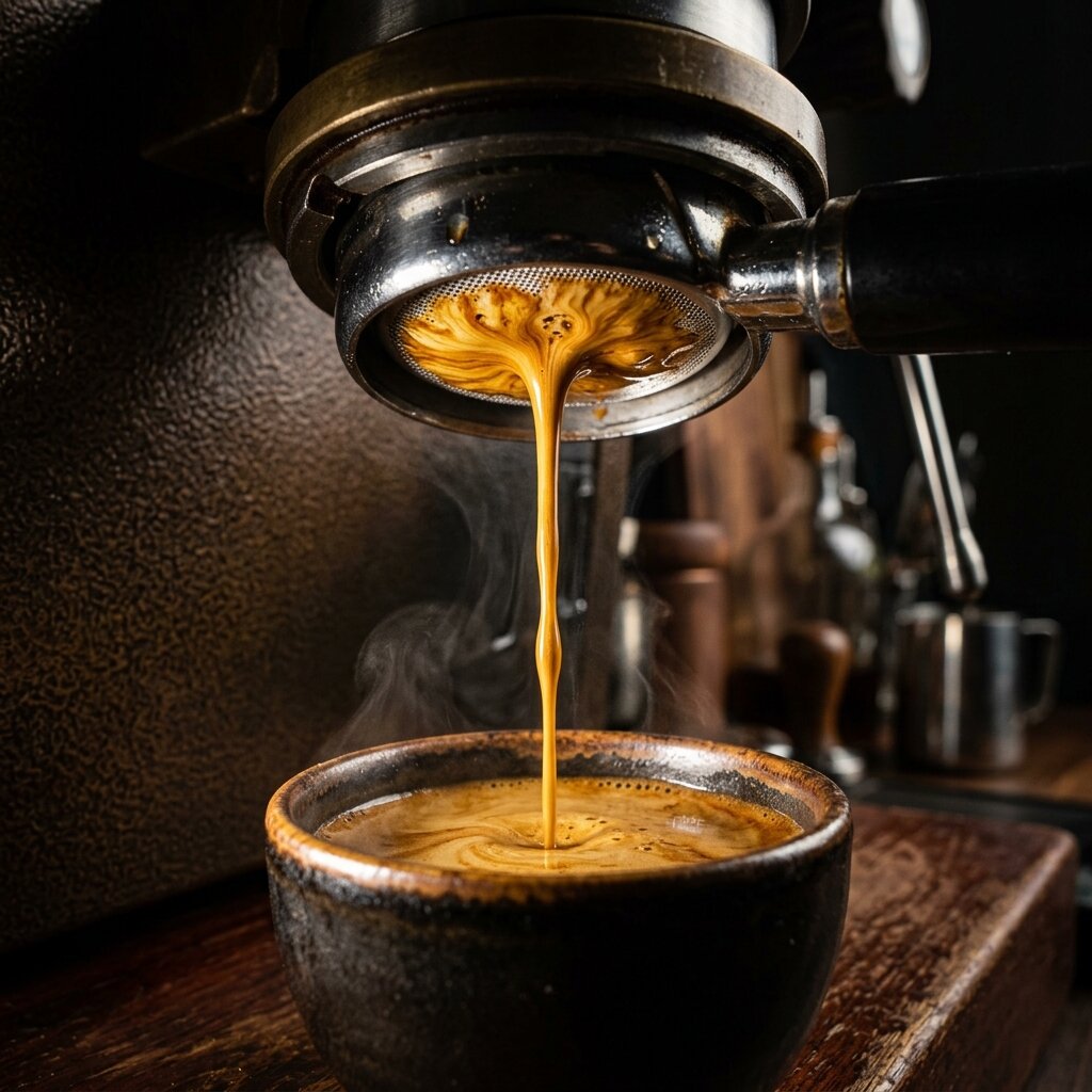 Espresso de alta extração com crema tiger-stripe ilustrando a neuroproteção por trigonelina e ácido cafeico preservados na torra artesanal - Curadoria BeanBrazil