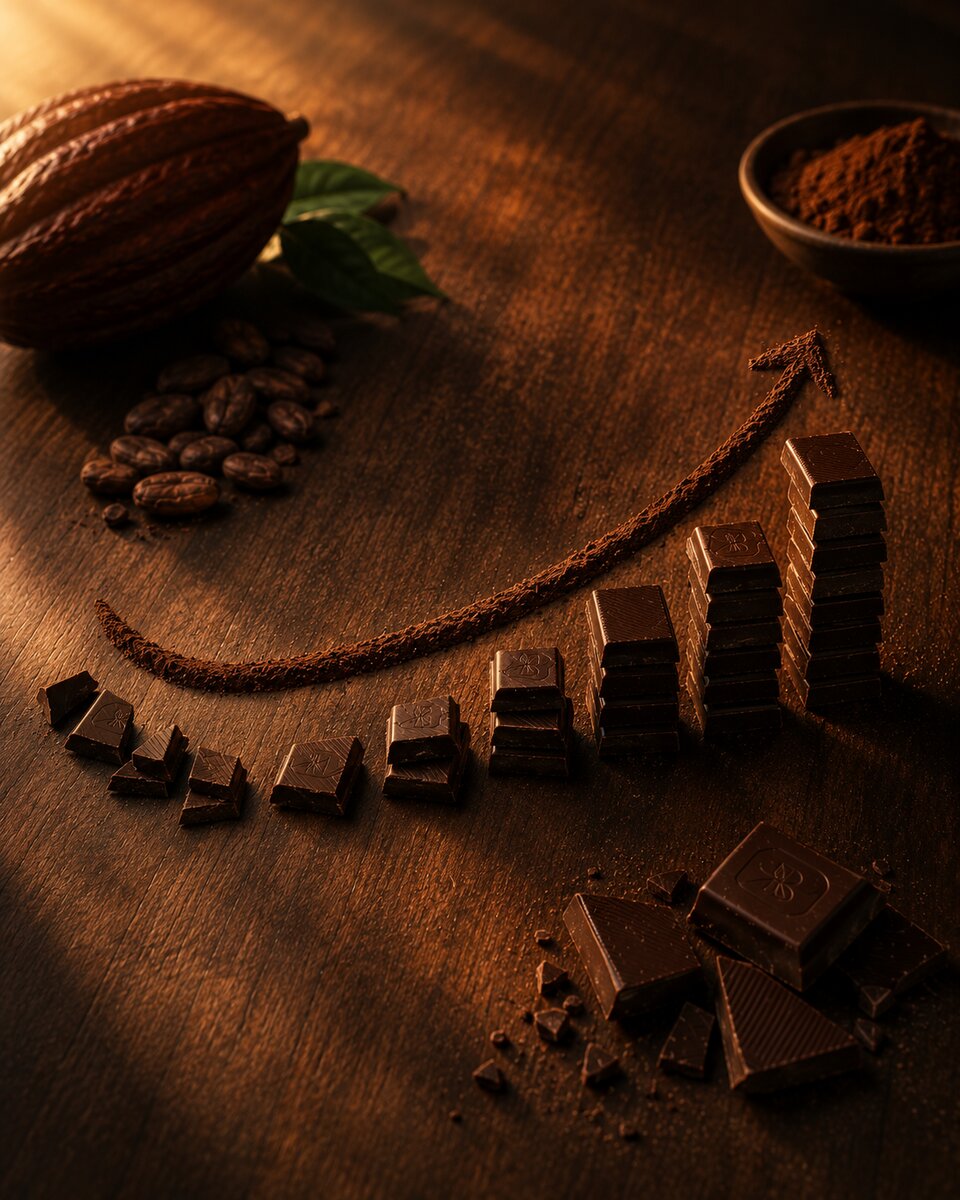 Cacau em pó formando uma curva ascendente entre pedaços de chocolate, simbolizando a alta do preço do cacau